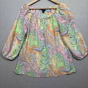 Chaps Blouse M Paisley Pastel Print Boho Artsy Retro Chic‎ Top Statement Bold